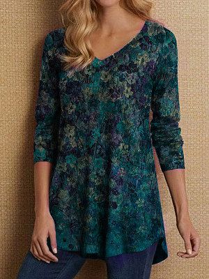 Women Long Sleeves V Neck Floral Printed T-shirt