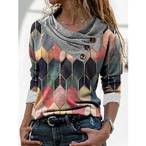 Women's T shirt Tee Pink Geometric Color Block Button Print Long Sleeve Casual Weekend Basic Pile Neck V Neck Regular Geometric Painting S miniinthebox