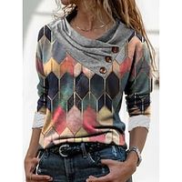 Women's T shirt Tee Pink Geometric Color Block Button Print Long Sleeve Casual Weekend Basic Pile Neck V Neck Regular Geometric Painting S miniinthebox - thumbnail