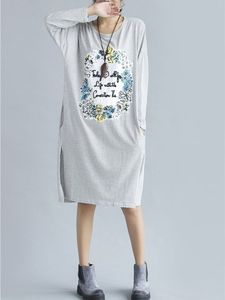 Casual Printed Long Sleeve Side Split Dress