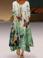 Round Neck Casual Loose Floral Print Long Sleeve Maxi Dress