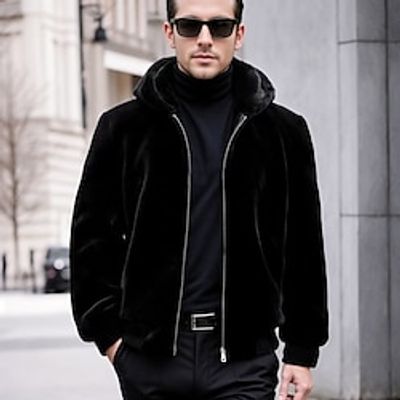 Men's Faux Fur Hoodie Jacket Outdoor Daily Wear Warm Pocket Winter Plain Fashion Streetwear Hooded Regular Black Jacket Lightinthebox