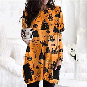 Women's Shift Dress Short Mini Dress Purple Yellow Light Brown Fuchsia Gray Khaki Gold Orange White Black Long Sleeve Print Pocket Print Fall Winter Round Neck Casual Vintage Halloween 2021 S M L XL miniinthebox