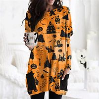 Women's Shift Dress Short Mini Dress Purple Yellow Light Brown Fuchsia Gray Khaki Gold Orange White Black Long Sleeve Print Pocket Print Fall Winter Round Neck Casual Vintage Halloween 2021 S M L XL miniinthebox - thumbnail