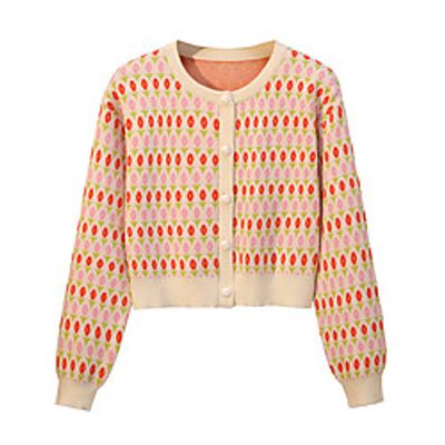 Women's Cardigan Knitted Button Geometric Stylish Casual Soft Long Sleeve Sweater Cardigans Crew Neck Fall Winter Beige Lightinthebox