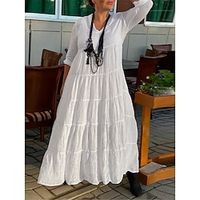 Women's White Dress Casual Dress Cotton Linen Dress Maxi long Dress Cotton Basic Modern Daily Weekend V Neck Ruched Ruffle 34 Length Sleeve Summer Spring Loose Fit White Navy Blue Brown Plain S M L Lightinthebox