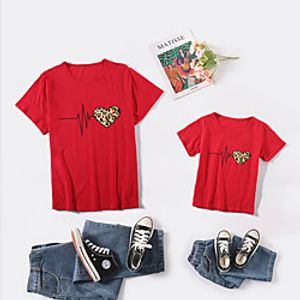 Mommy and Me Valentines Tops Cotton Heart Leopard Daily Print White Pink Army Green Short Sleeve Basic Matching Outfits / Summer / Cute miniinthebox