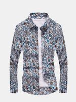 Mens Spring Fall Floral Printing Turndown Collar Long Sleeve Slim Fit Casual Shirts