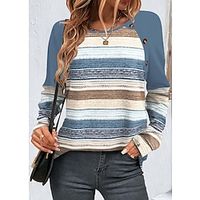Women's T shirt Tee Blue Striped Button Print Long Sleeve Daily Weekend Fashion Round Neck Regular Fit Painting Spring   Fall Lightinthebox
