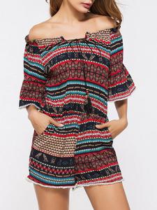 Bohemian Printed Off-Shoulder Petal Sleeve Jumpsuits For Women