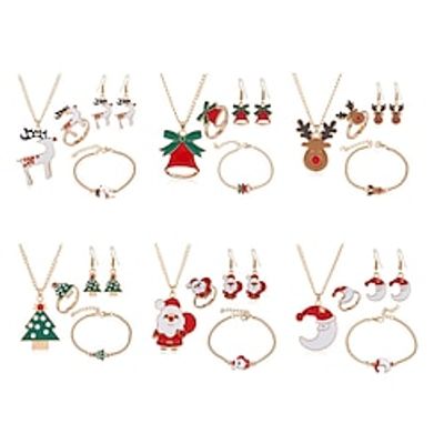 European and American Christmas Collection Christmas Drip Oil Old Man Elk Bell Earrings Necklace Bracelet Ring Set Gift Lightinthebox