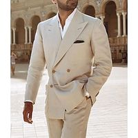 Beige Men's Beach Wedding Linen Suits Solid Colored 2 Piece Fashion Daily Casual Tailored Fit Double Breasted Four-buttons 2024 miniinthebox