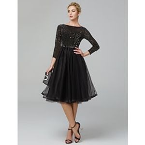 A-Line Cocktail Dresses Sparkle  Shine Dress Formal Tea Length 34 Length Sleeve Jewel Neck Tulle with Sequin Strappy 2023 Lightinthebox