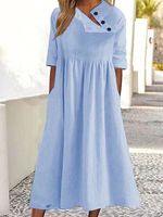 Linen-blend Casual Buttoned Short Sleeves Midi Dress