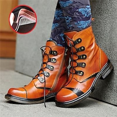 Women's Boots Combat Boots Handmade Shoes Vintage Shoes Daily Mid Calf Boots Winter Rivet Zipper Lace-up Chunky Heel Round Toe Vintage Fashion Casual Leather Sheepskin Zipper Color Block Orange Lightinthebox