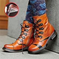 Women's Boots Combat Boots Handmade Shoes Vintage Shoes Daily Mid Calf Boots Winter Rivet Zipper Lace-up Chunky Heel Round Toe Vintage Fashion Casual Leather Sheepskin Zipper Color Block Orange Lightinthebox - thumbnail