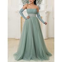 A-Line Prom Dresses Elegant Dress Formal Sweep  Brush Train Christmas Red Green Dress Long Sleeve Strapless Tulle with Bow(s) Pleats Sequin 2023 Lightinthebox - thumbnail