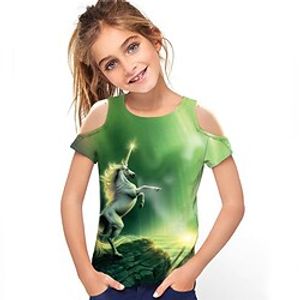 Kids Girls' T shirt Short Sleeve 3D Print Unicorn Animal Crewneck Hollow Out Green Children Tops Spring Summer Active Fashion Streetwear Daily Outdoor Regular Fit 3-12 Years Lightinthebox