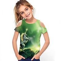 Kids Girls' T shirt Short Sleeve 3D Print Unicorn Animal Crewneck Hollow Out Green Children Tops Spring Summer Active Fashion Streetwear Daily Outdoor Regular Fit 3-12 Years Lightinthebox - thumbnail