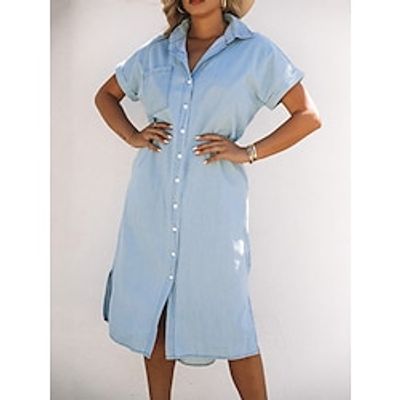 Women's Casual Dress Shift Dress Denim Dress Midi Dress Short Sleeve Pure Color Pocket Winter Fall Spring Shirt Collar Fashion Daily Vacation 2022 S M L XL Lightinthebox