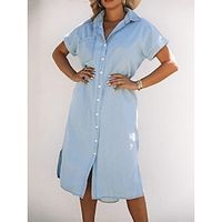 Women's Casual Dress Shift Dress Denim Dress Midi Dress Short Sleeve Pure Color Pocket Winter Fall Spring Shirt Collar Fashion Daily Vacation 2022 S M L XL Lightinthebox - thumbnail