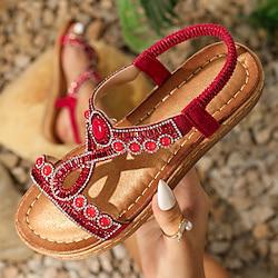 Women's Sandals Bling Bling Boho Bohemia Beach Comfort Shoes Vacation Beach Rhinestone Imitation Pearl Flat Heel Bohemia Vacation Microbial Leather Elastic Band Silver Black Red Lightinthebox