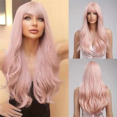 Synthetic Wig Curly Neat Bang Wig Long Brown Pink Synthetic Hair Women's Fashionable Design Natural Easy to Carry Pink Brown Christmas Party Wigs Lightinthebox