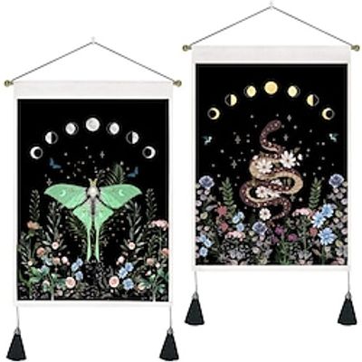 Pack of 2 Tarot Divination Woven Bohemian Wall Tapestry Art Decor Blanket Curtain Hanging Home Bedroom Living Room Decoration Nordic Cotton Linen Tassel Butterfly Snake Plant 14 x 20 miniinthebox