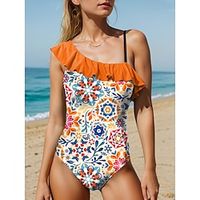 Women's Swimwear One Piece Monokini Bathing Suits Normal Swimsuit Ruffle Open Back Printing High Waisted Floral Scoop Neck Sports Fashion Bathing Suits Lightinthebox