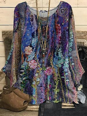 Round Neck Casual Loose Floral Print Long Sleeve Blouse