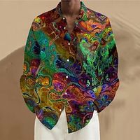 Optical Illusion Artistic Abstract Men's Shirt Linen Shirt Daily Wear Going out Weekend Spring Turndown Long Sleeve Violet, Yellow, Green S, M, L Slub Fabric Shirt Lightinthebox - thumbnail