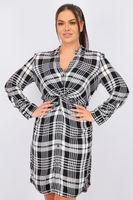 Womens Long Sleeve Plaid Twist-Front Shirt Dress  Black/White - thumbnail