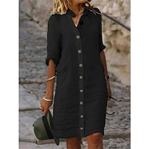 Women's Black Dress Shirt Dress Casual Dress Mini Dress Linen Cotton Blend Basic Modern Daily Weekend Shirt Collar Button 34 Length Sleeve Summer Spring 2023 Loose Fit Black White Yellow Plain S M L Lightinthebox