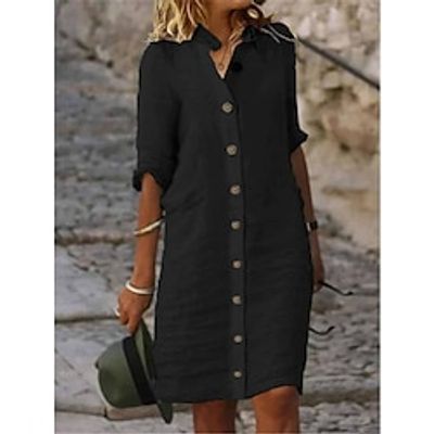 Women's Black Dress Shirt Dress Casual Dress Mini Dress Linen Cotton Blend Basic Modern Daily Weekend Shirt Collar Button 34 Length Sleeve Summer Spring 2023 Loose Fit Black White Yellow Plain S M L Lightinthebox