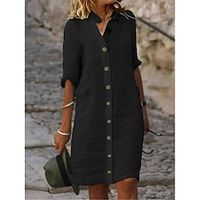 Women's Black Dress Shirt Dress Casual Dress Mini Dress Linen Cotton Blend Basic Modern Daily Weekend Shirt Collar Button 34 Length Sleeve Summer Spring 2023 Loose Fit Black White Yellow Plain S M L Lightinthebox - thumbnail