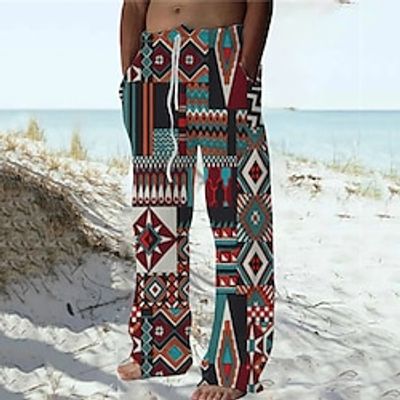 Men's Trousers Summer Pants Beach Pants Drawstring Elastic Waist 3D Print Geometric Pattern Graphic Prints Comfort Casual Daily Holiday Streetwear Hawaiian Red Lightinthebox