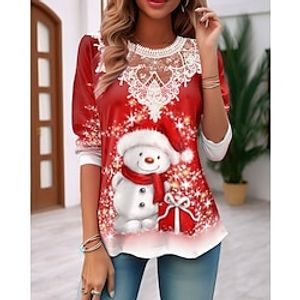 Women's T shirt Tee Christmas Shirt Snowman Red Lace Print Long Sleeve Christmas Weekend Festival  Holiday Round Neck Regular Fit Spring   Fall Lightinthebox