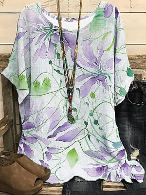 Round Neck Casual Loose Floral Print Short Sleeve Blouse Round Neck Casual Loose Floral Print Short Sleeve Blouse