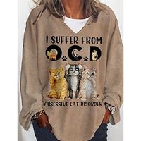 Women's T shirt Tee khaki Animal Cat Print Long Sleeve Daily Going out Casual V Neck Regular Plus Size XL miniinthebox - thumbnail