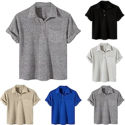 Men's Collar Polo Shirt Waffle Polo Shirt Golf Shirt Solid Color Turndown Blue Khaki Dark Gray White Black Street Casual Short Sleeve Button-Down Clothing Apparel Fashion Casual Comfortable  Beach Lightinthebox