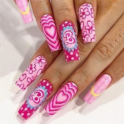 Extra Long Press on Nails Pink Coffin Fake Nails with Heart Flower Lattice Letter Print Pattern Stick on Nails Cute Nails Reusable Acrylic Nails for Women and Girls 24 PCS Lightinthebox