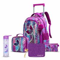 Eazy Kids - 18 Set Of 5 Trolley School Bag With Glitter Bento Box Glitter 550Ml Water Bottle Lunch Bag & Pencil Case - Mermaid Purple