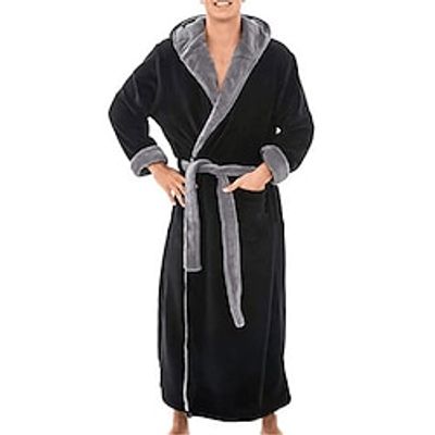 Men's Pajamas Robe Bathrobe Bath Gown Plain Stylish Casual Comfort Home Daily Bed Flannel Comfort Warm Hoodie Long Sleeve Pocket Belt Included Fall Winter Black Red Lightinthebox