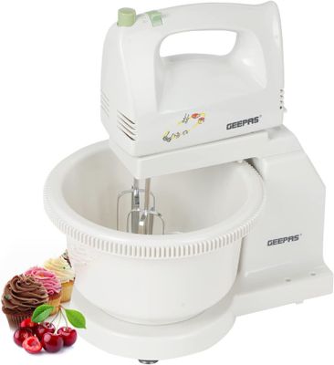 Geepas Hand Mixer With Stand Bowl & Overheat Protection, White - GHB2002