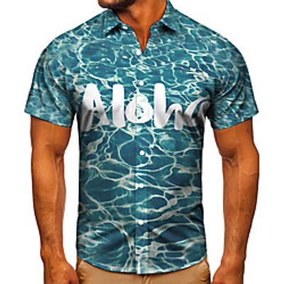 Men's Shirt 3D Print Graphic Prints Letter Button-Down Short Sleeve Street Tops Casual Fashion Classic Breathable Blue Lightinthebox