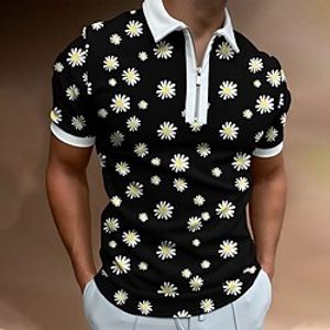 Men's Golf Shirt Floral Turndown Street Casual Zipper Short Sleeve Tops Casual Fashion Comfortable Black Lightinthebox