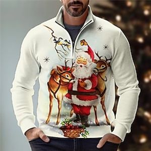 Santa Claus Casual Men's 3D Print Zip Polo Golf Polo Outdoor Casual Daily Streetwear Christmas Polyester Long Sleeve Zip Polo Shirts Wine Red Fall  Winter S M L Micro-elastic Lapel Polo Lightinthebox