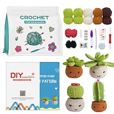 Beginner Crochet Kit for Adults,4pcs/set Beginner Crochet Learn to Crochet Kit,Crochet Kits, Succulent Plants Crochet Set, Knitting Kit for Beginners miniinthebox