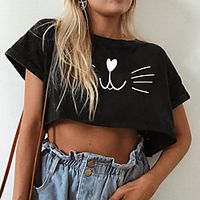 Women's Crop Top Tee  T-shirt Crop Top Crew Neck Cat Sport Athleisure T Shirt Top Short Sleeves Breathable Soft Comfortable Everyday Use Street Casual Daily Outdoor Lightinthebox - thumbnail
