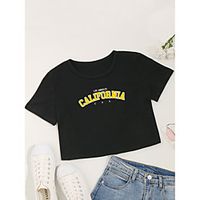 Women's Crop Tshirt Letter Print Round Neck Tops Cotton Basic Basic Top White Black Lightinthebox - thumbnail